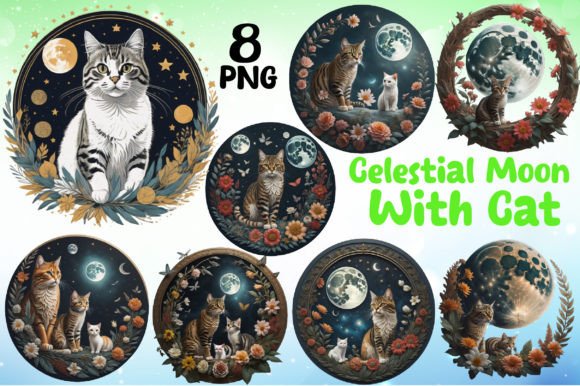 Download Celestial Moon with Cat Illustrations - Cat illustrations Collection